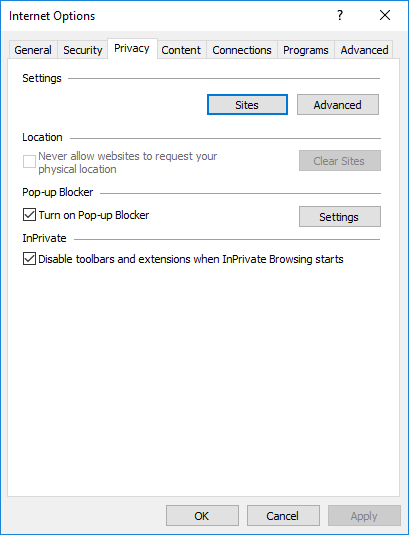 Internet Explorer Options - Privacy Tab
